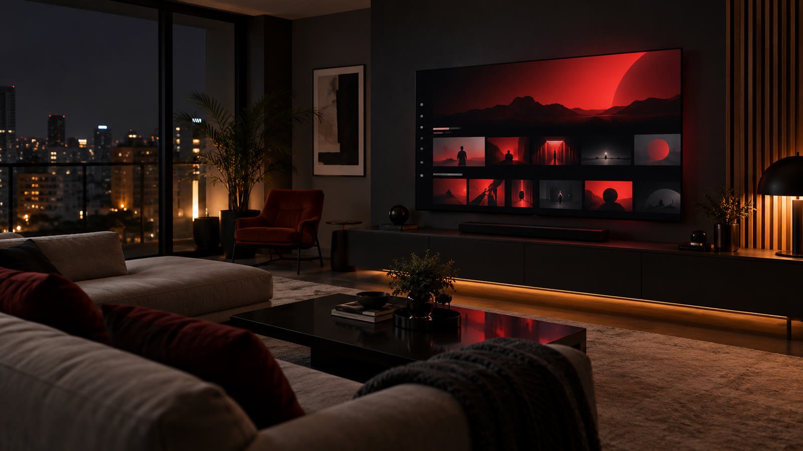Smart TV em uma sala moderna com iluminação vermelha do Sena Cine